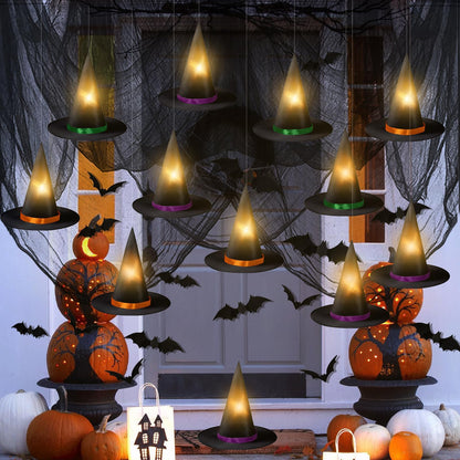 Halloween Hanging Witch Hats Decorations - 12PCS Black Witch Hats with Lights DIY Floating Witch Hats with 28PCS 3D Bats and Creepy Cloth for Halloween Porch Tree Party Decorations