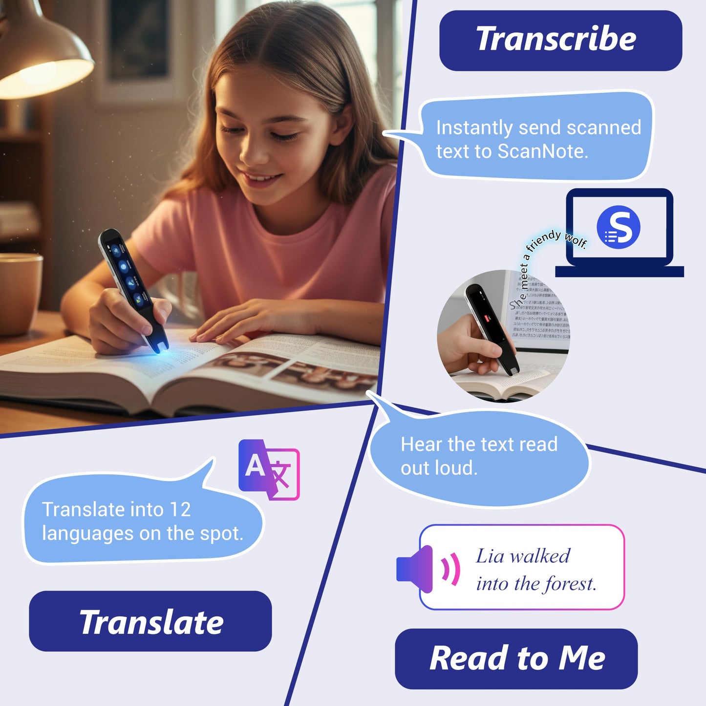 WorldPenScan AI Reader – Reading Pen with Built-in Dictionary & AI Reading Buddy for Kids | Grade-Level Reading Support | English, Spanish, Chinese | Text-to-Speech, Transcribe, Translation