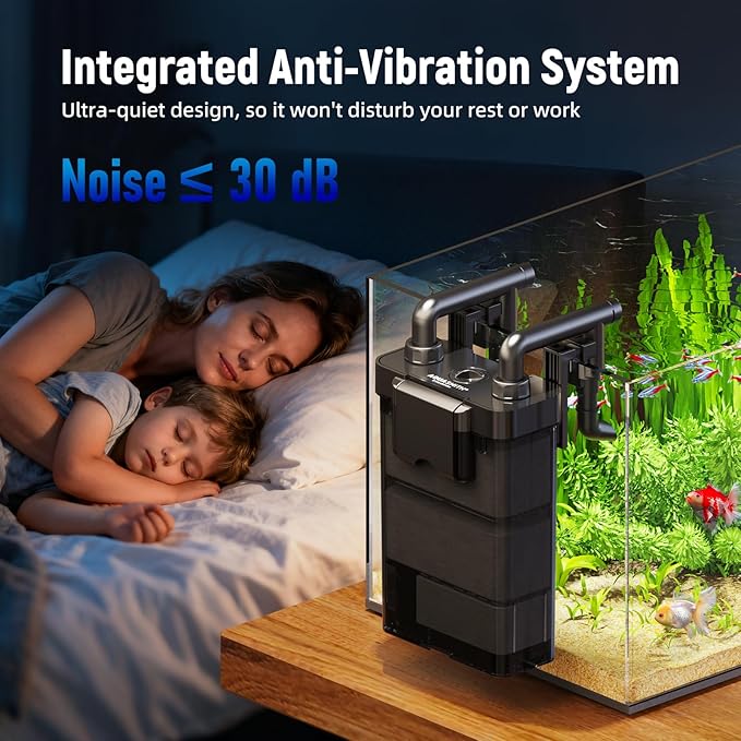 AQUASMITH Hang on Back Aquarium Filter,Ultra-Quiet Small Canister Filter,Multi-Layered Filtration,Bottom Anti-Dry Burn Motor,Extra-Large Filter (118GPH（for 20-40 Gallon）)