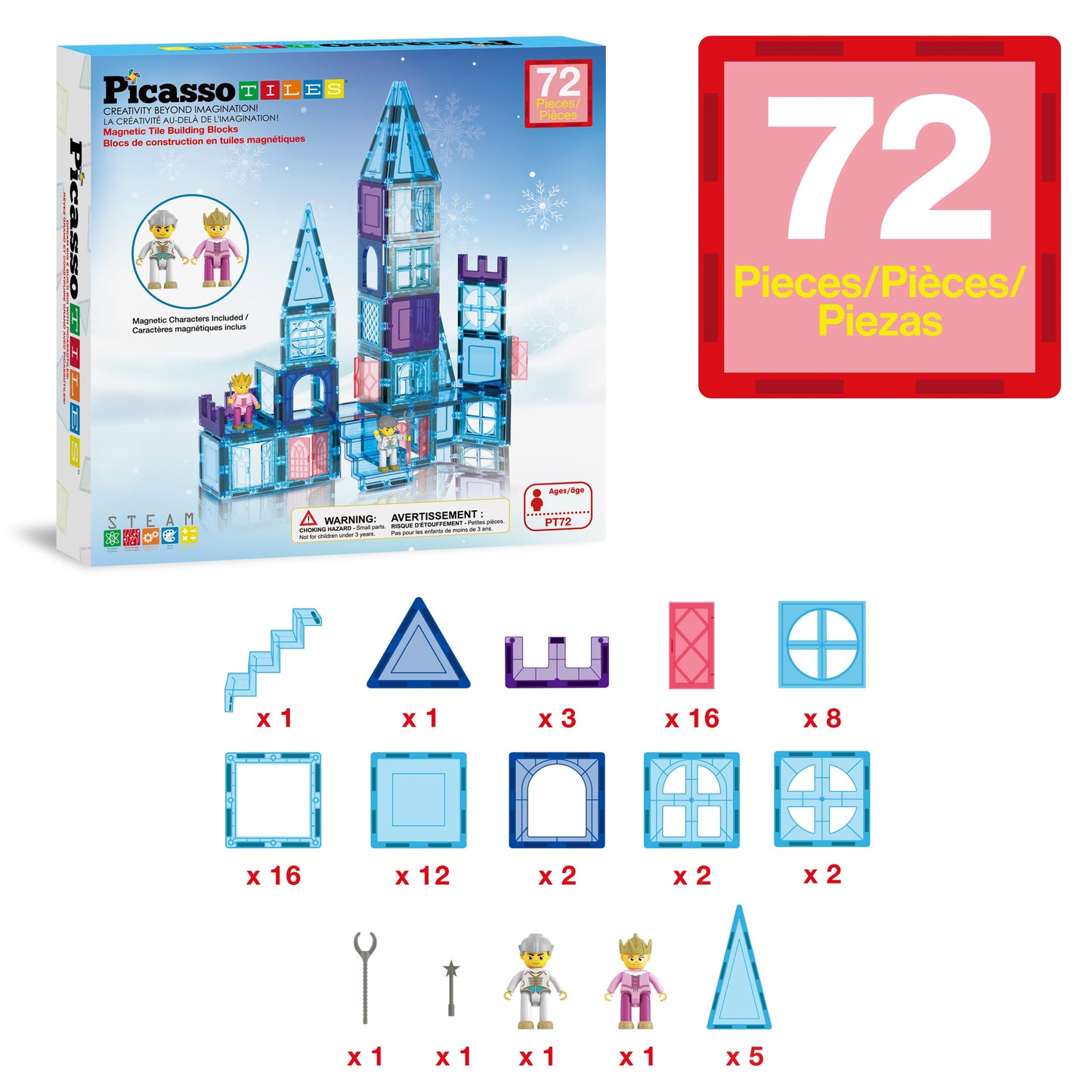 PicassoTiles 72 Piece Magnetic Building Tiles Castle Winter Ice Theme Construction Magnet Block Set with Princess Prince Character Stairs Windows Doors STEM Learning Educational Toy Kids Ages 3+ PT72