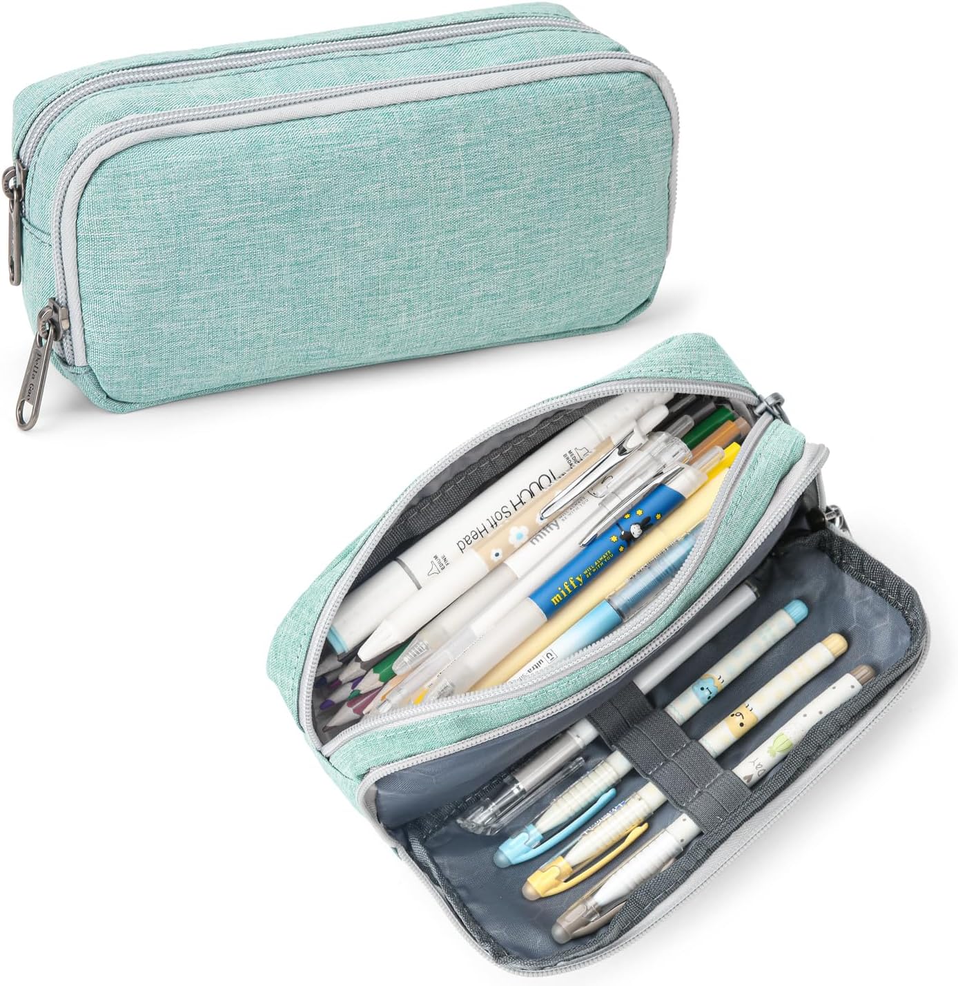 Della Gao Big Capacity Pencil Case, Durable Nylon Pencil Bag Aesthetic Pencil Pouch Travel Simple Stationery Bag Office Organizer Pen Bag for Women and Men - Green
