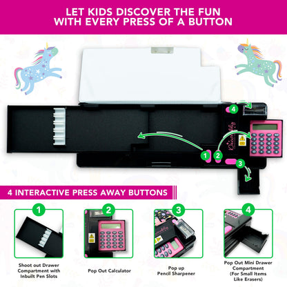 Decorably Unicorn Pop Up Multifunctional Pencil Case with Compartments, Calculator, Sharpener, Pen Slots, Mini Drawer and 2 Main Sections with Magnetic Closure - Back to School Gift for Kids