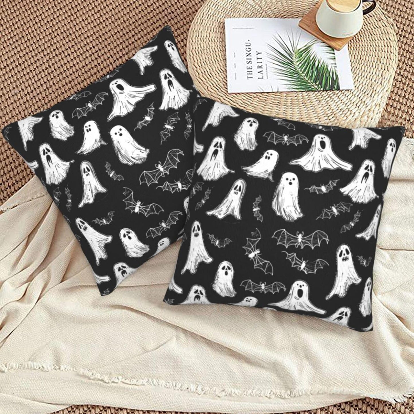 Famame Decorative Pillow Covers Set of 2 Ghost Bats Cute Halloween Throw Pillows Cover 18x18 inch Square Pillowcase Couch Cushion Cases for Sofa Living Room Bedroom Home Decor