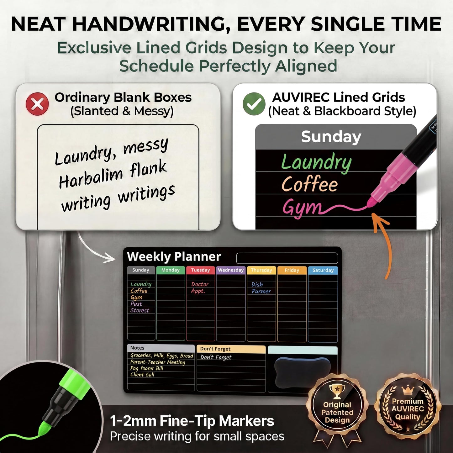 AUVIREC Magnetic Black Calendar for Refrigerator (3-Pack, Ships Flat) - 17"x12" Monthly, Weekly & Daily Planner with Lined Grids - Nano-Tech Dry Erase Fridge Board, 8 Neon Liquid Chalk Markers