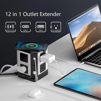 USB Power Strip with Wireless Charger BESTEK 8-Outlet Surge Protector and 40W 6-Port USB Charging Dock Station,1500 Joules,ETL Listed,Dorm Room Accessories (8AC+6USB+Wireless Charger-Black)