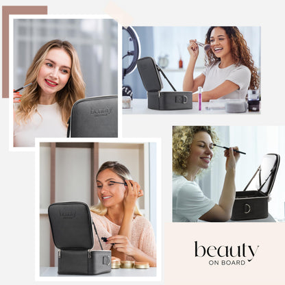 BeautyOnBoard Makeup Bag with LED Mirror, PU Leather Makeup Case - 3 Adjustable Brightness Levels, Lighted Cosmetic Case with Mirror, Dividers - Make Up Portable Storage Travel Organizer with Handle