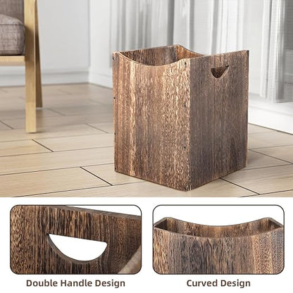 Large Wooden Trash Can 9 Gal Curved Design Office Waste Basket, Square Farmhouse Garbage Can, Brown Vintage Wood Trash Can Storage Basket With Handles for Bedroom Office Living Room Decorative