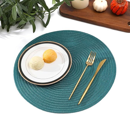 SHACOS Round Placemats Set of 8 Woven Braided Table Placemats 15 inch Circle Place Mats Washable Non Slip Table Mats for Home Wedding Party, Teal Green