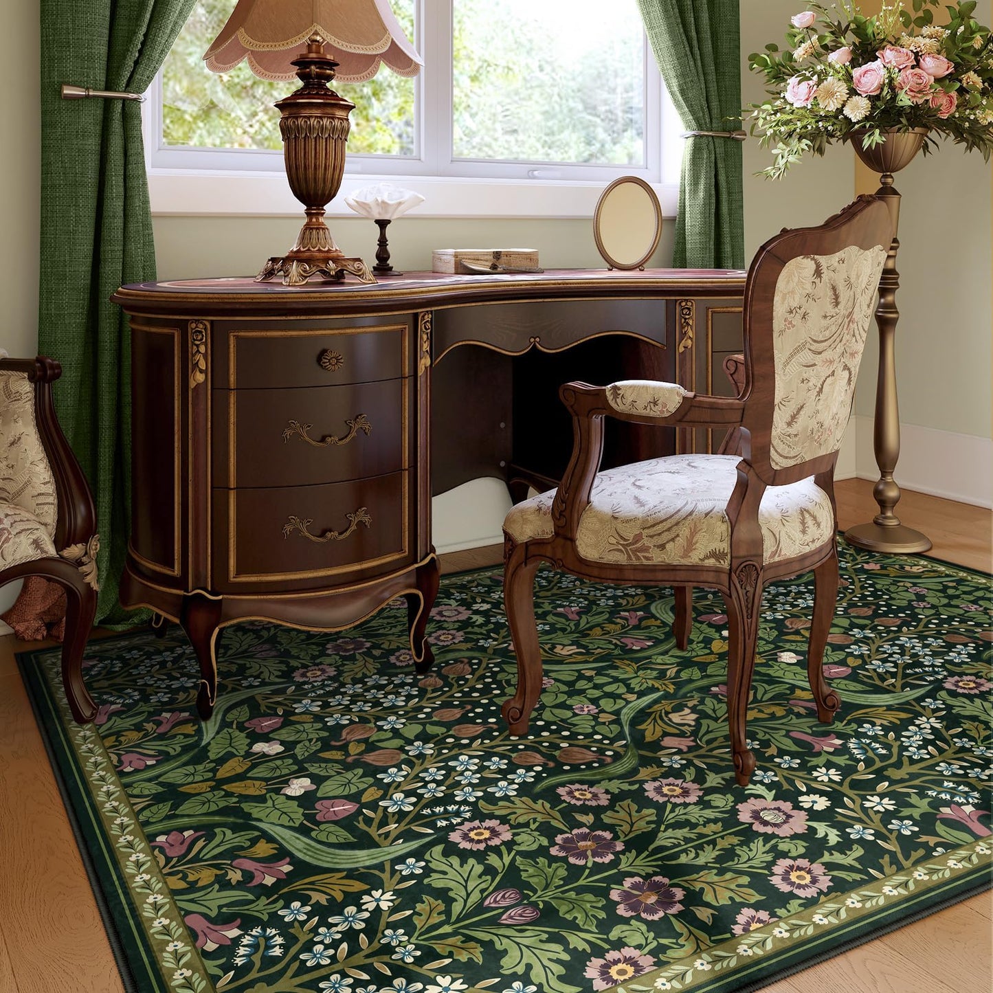 Moynesa Floral Washable 5x7 Rug, Green Area Rugs for Living Room, Non Slip Boho Dining Room Rug Under Table, Botanical Ultra Thin Floor Carpet for Bedroom Home Office, Green
