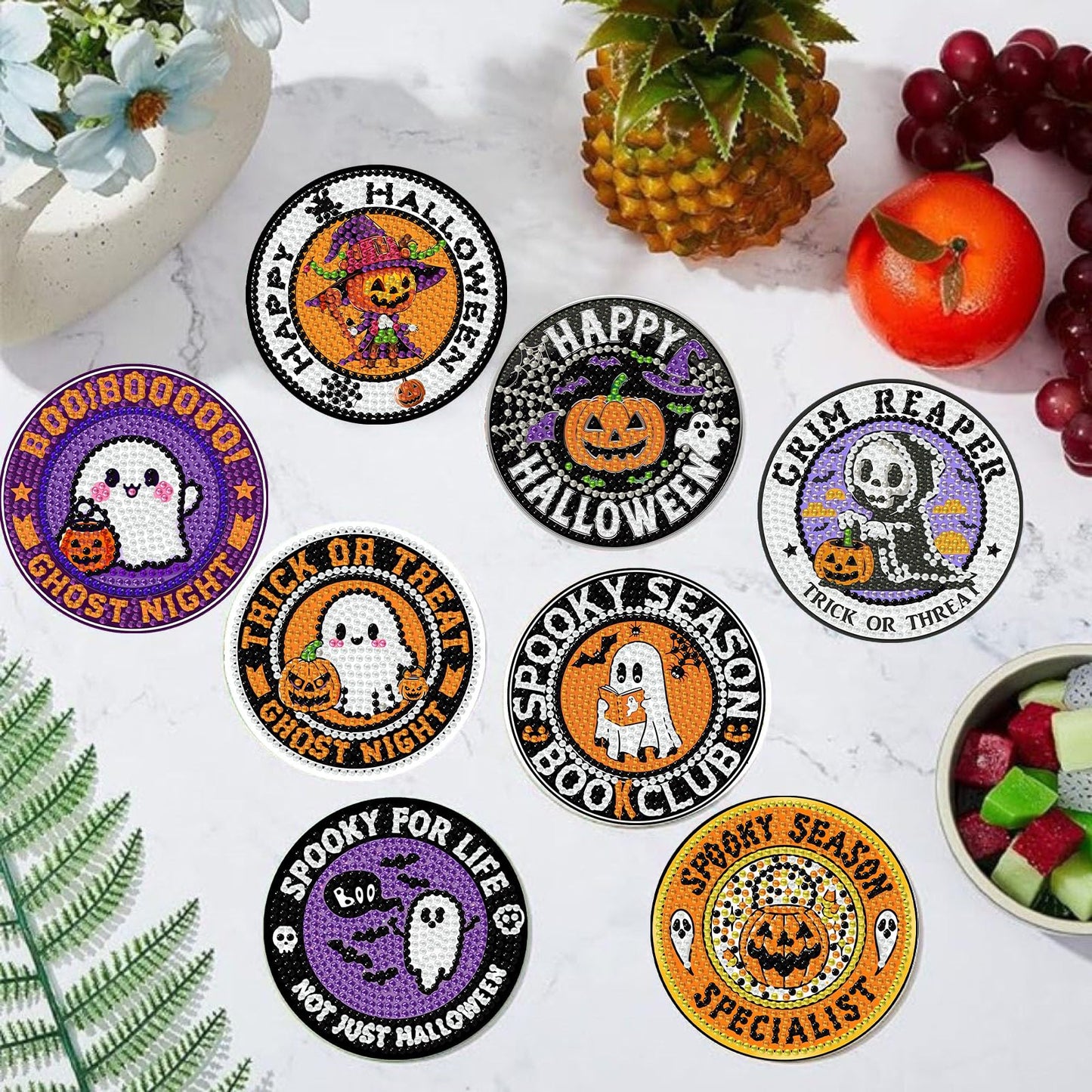 Gemozaic 8PCS Halloween Diamond Art Coasters Kit for Adult, Spooky Diamond Painting Coasters with Holer, Non-Slip, Easy DIY Pumpkin Gem Arts and Crafts Kits for Gift, Coffee, Cocktail, Drink