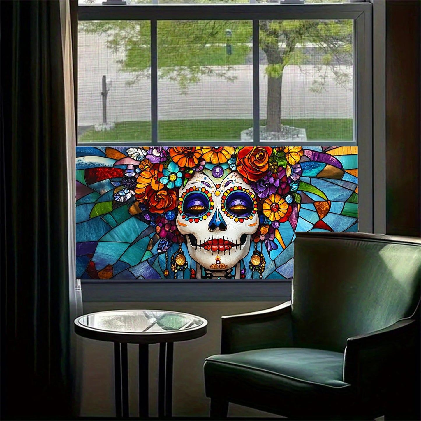 HOMETITUTE Day of The Dead Window Film 39.3x17.7 Inch Sugar Skull Cling Dia de Los Muertos Gothic Halloween Window Sticker for Glass Decor Calavera Removable Window Art for Home Office