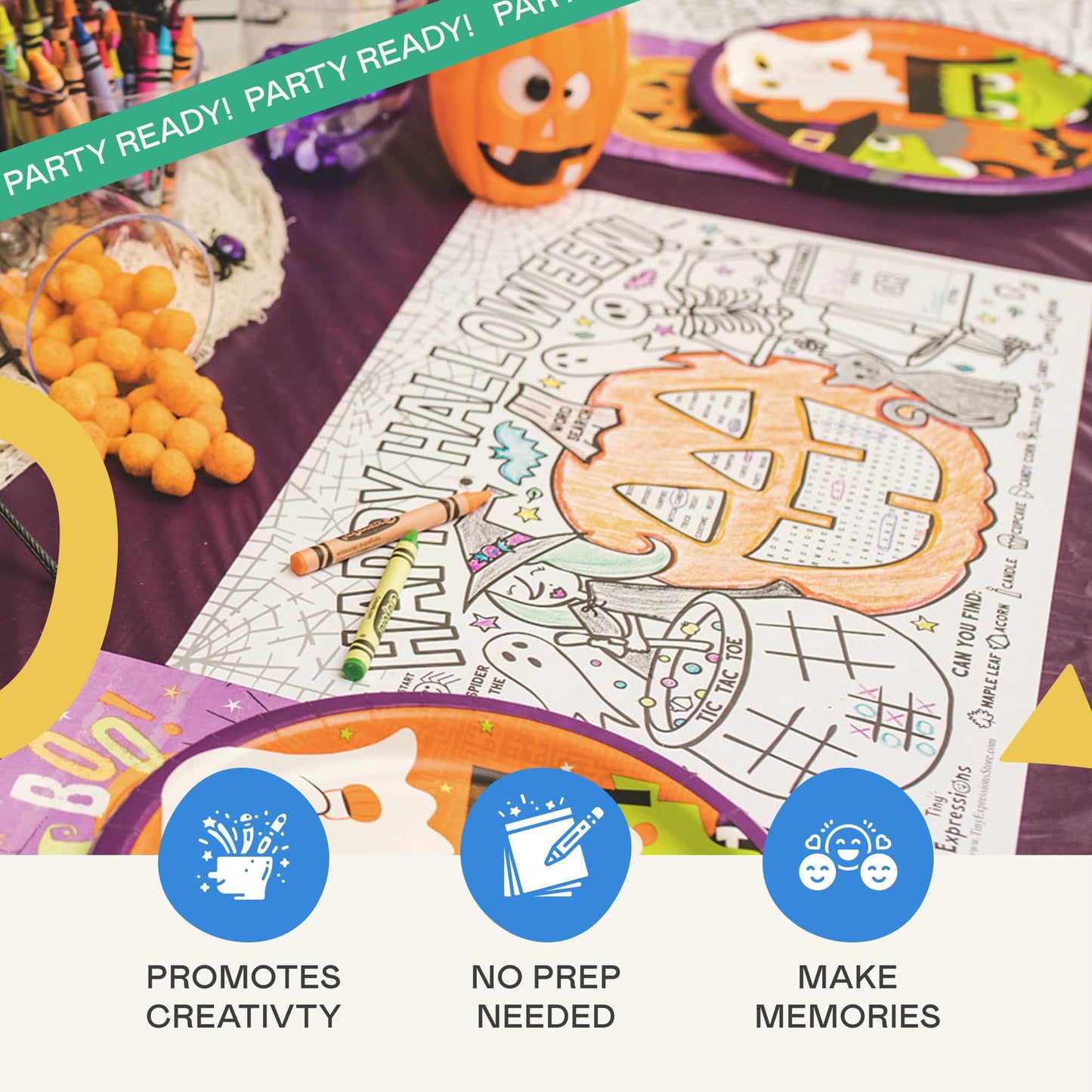 Tiny Expressions Halloween Placemats (Pack of 12 Pumpkin Placemats) | Coloring Activity Paper Table Mats for Parties & Events | Disposable Bulk Bundle Set