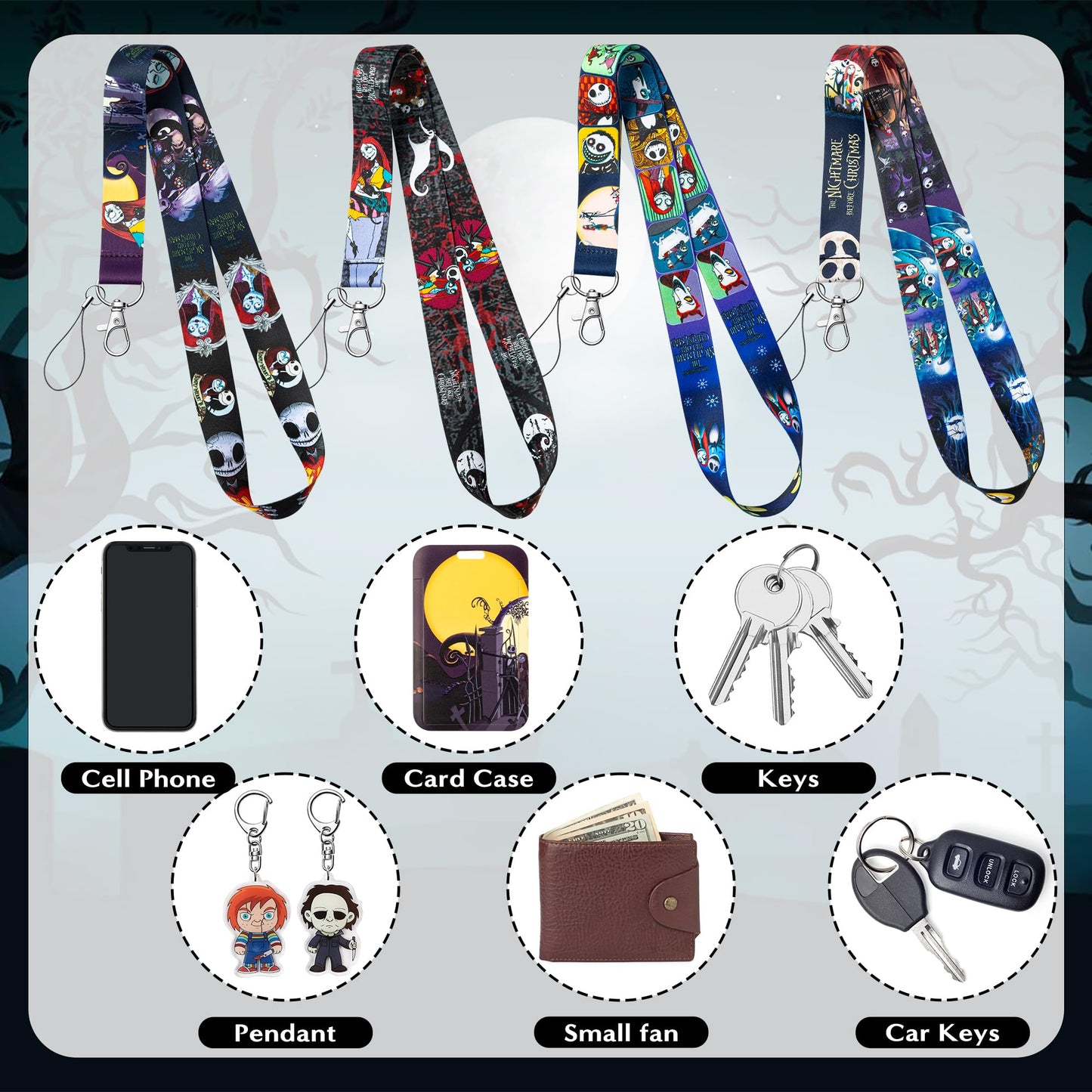 C1krint Halloween Lanyard Card Holders - 4 Set Cartoon Skull Neck Lanyard Strap with ID Badge Holder Horror Jack and Sally Christmas Card Case for Halloween Nurse Students Teachers Office Staff Supply