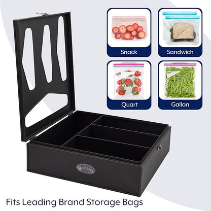 AuldHome Design Enamelware Kitchen Bag Organizer (Black), Farmhouse Style Holder Compatible w/ Zipper Seal Kitchen Storage