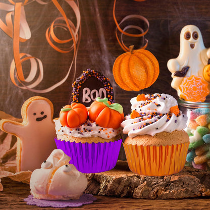 Whaline 450Pcs Halloween Foil Cupcake Liners Black Purple Orange Baking Cups Foil Metallic Cupcake Wrappers Muffin Liners for Holiday Party Supplies