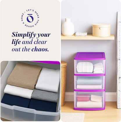 HOMZ 2-Pack Drawer Tower, 3-Tier Clear Plastic Storage Organizer Cart, Purple Frame - Organizing Containers with Wheels for Home, Bathroom, Bedroom, Office, and Classroom