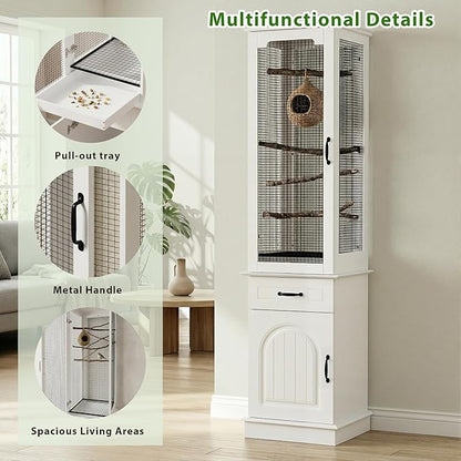 Modern White Tall Bird Cage with Storage Cabinet & Drawer, Elegant Flight Parrot Cage with Slide-Out Tray, Stylish Safe Bird Cages House for Parakeets, Cockatiels, Finches