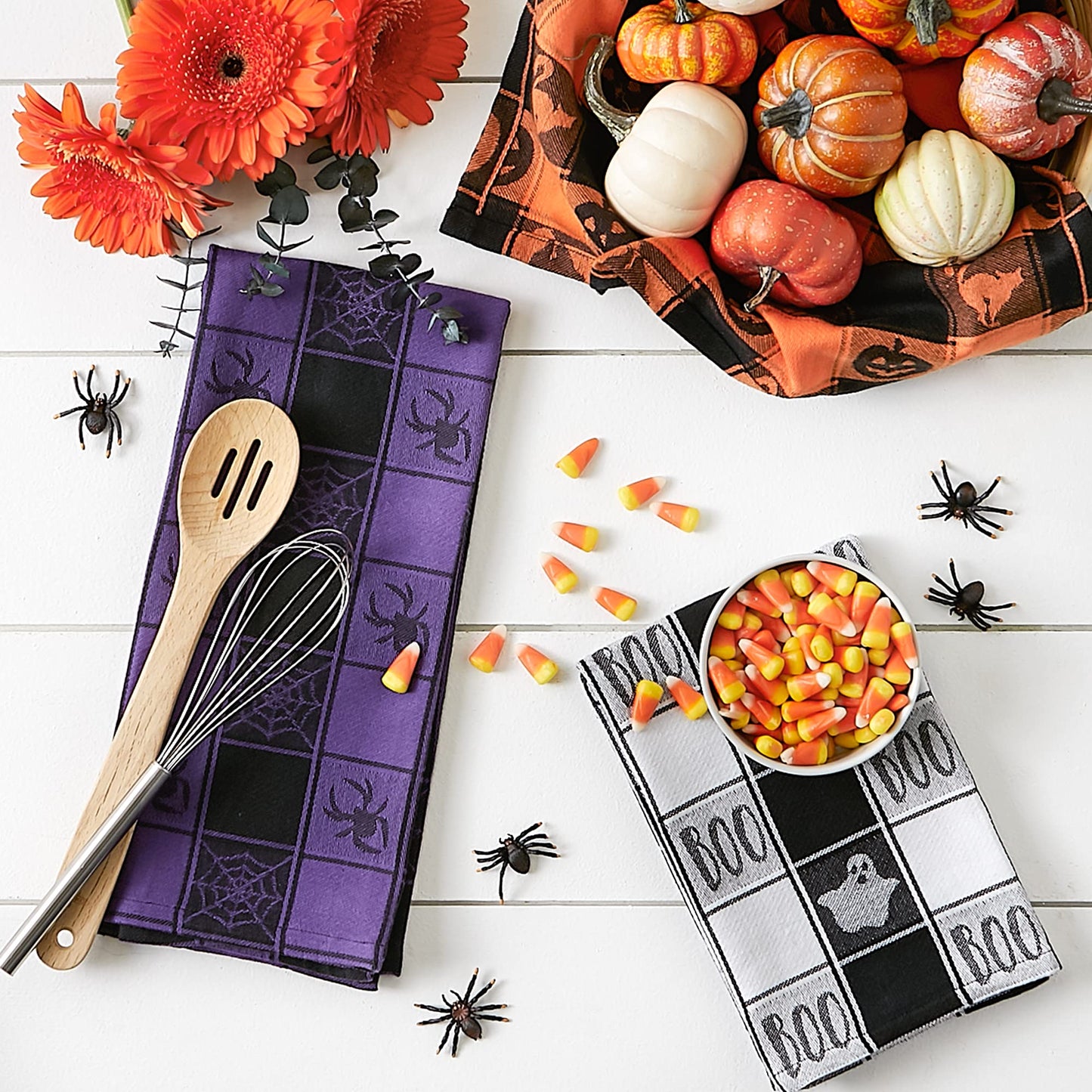 DII Halloween Collection Embellished Dishtowel Set, 18x28, Woven Check 3 Piece