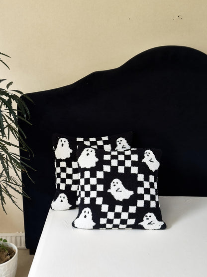 Ultra Soft Cozy Checkered Ghost Happy Halloween Knitted Throw Pillow Cover Fluffy Microfiber Checkerboard pillocase Lightweight Decorative for Sofa Bed 18 Inches Both Sides Black