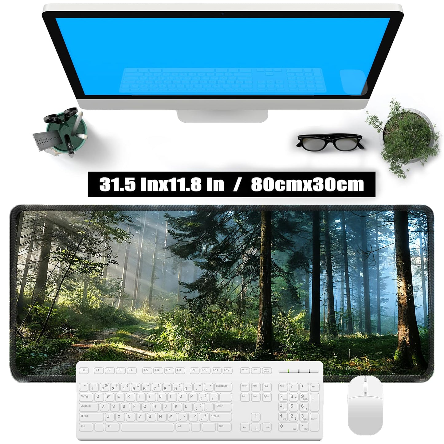 Gudnis Morning Mist Forest Mouse pad, Micro-Woven Fabric Desk pad,Large Green Tree Natural Scenery Desk mat with Sewn Edges, Anti-Slip Rubber Base, Suitable for Office laptops, Size 31.5×11.8 in