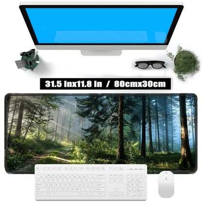 Gudnis Morning Mist Forest Mouse pad, Micro-Woven Fabric Desk pad,Large Green Tree Natural Scenery Desk mat with Sewn Edges, Anti-Slip Rubber Base, Suitable for Office laptops, Size 31.5×11.8 in