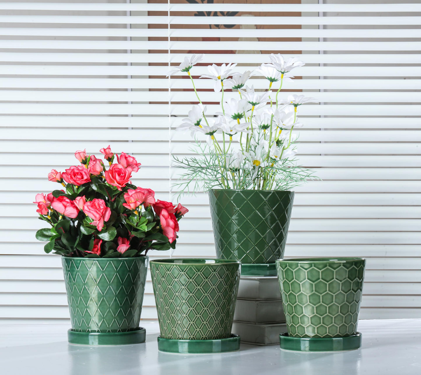 BUYMAX Plant Pots Indoor –5 inch Ceramic Flower Pot with Drainage Hole and Ceramic Tray - Gardening Home Desktop Office Windowsill Decoration Gift, Set of 4-Plants NOT Included (Patina)