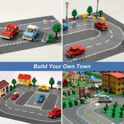 Pokiiulk 9 Pack Road Base Pates for Building, Compatible with Lego Classic Bricks, 10” x 10” Baseplates Fits for Lego Roads, Road Base Plates for City Sets (Attached DIY Stickers)