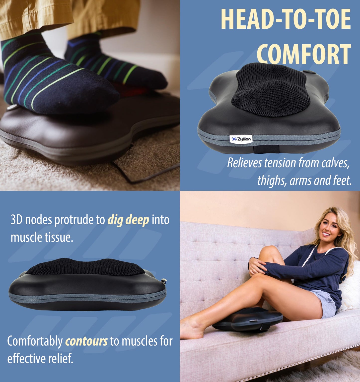 Zyllion Shiatsu Back and Neck Massager with Heat (FSA HSA Eligible) 3D Kneading Deep Tissue Massage Pillow for Muscle Pain Relief, Arthritis, Sciatica, Plantar Fasciitis on Shoulder, Leg, Foot ZMA-13