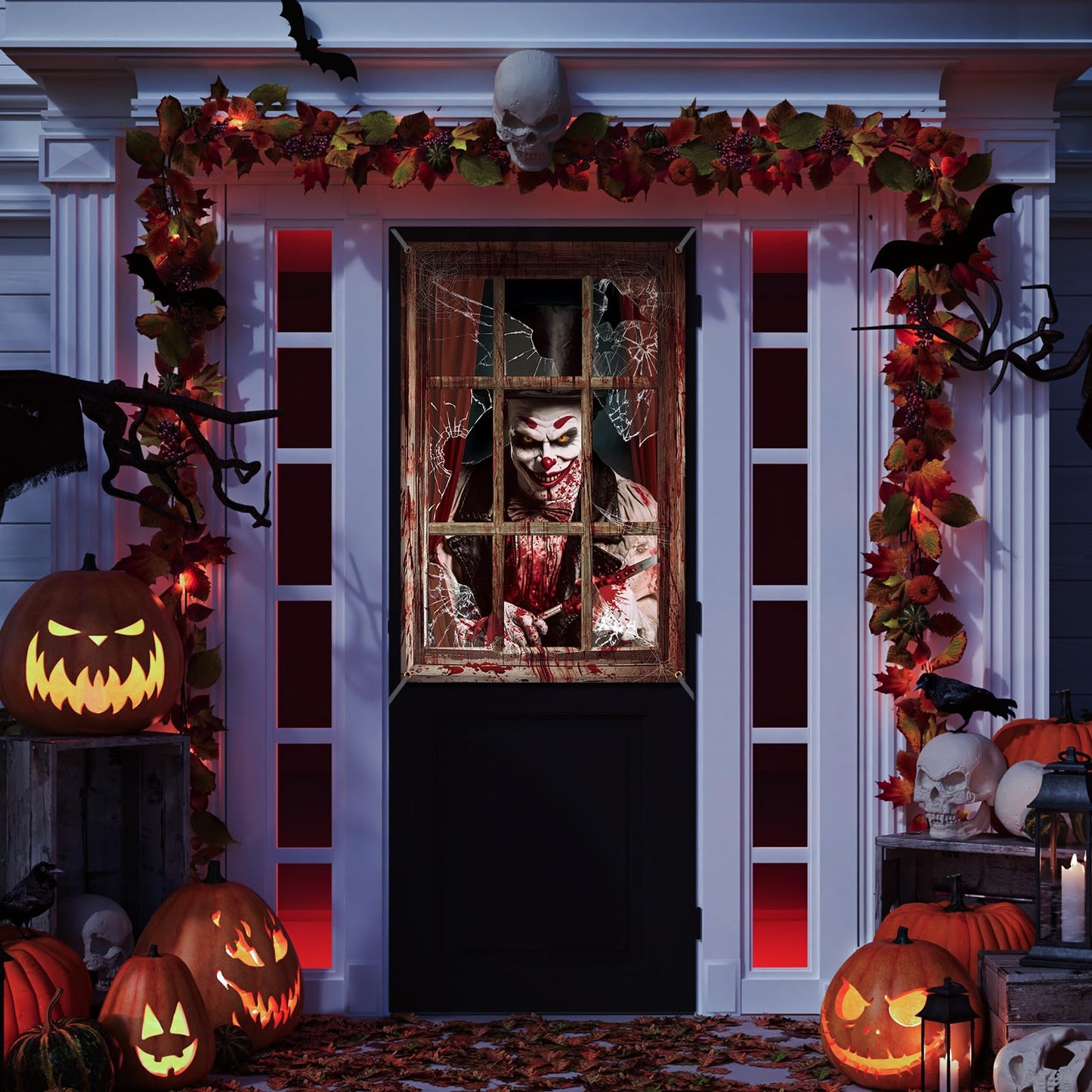 Newwiee 2 Pcs Scary Halloween Curtain Window Silhouette Cover Decoration Theme Poster for Indoor Outdoor Party Wall Door(Blood Clown)
