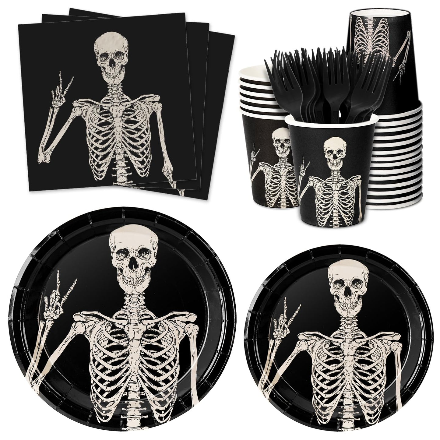 JarThenaAMCS Halloween Tableware Set Smiling Skeleton Disposable Party Supplies Black 9 &7 Inch Paper Plates 6.5 Inch Napkins Cups and Cutlery for 25 Guests
