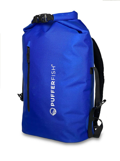 PUFFERFISH 35L Waterproof Roll-Top Beach Backpack - Sandproof Dry Bag Daypack for Beach, Pool, Boat & Travel - Padded Back & Straps, Multiple Pockets, Recycled Plastic, Blue