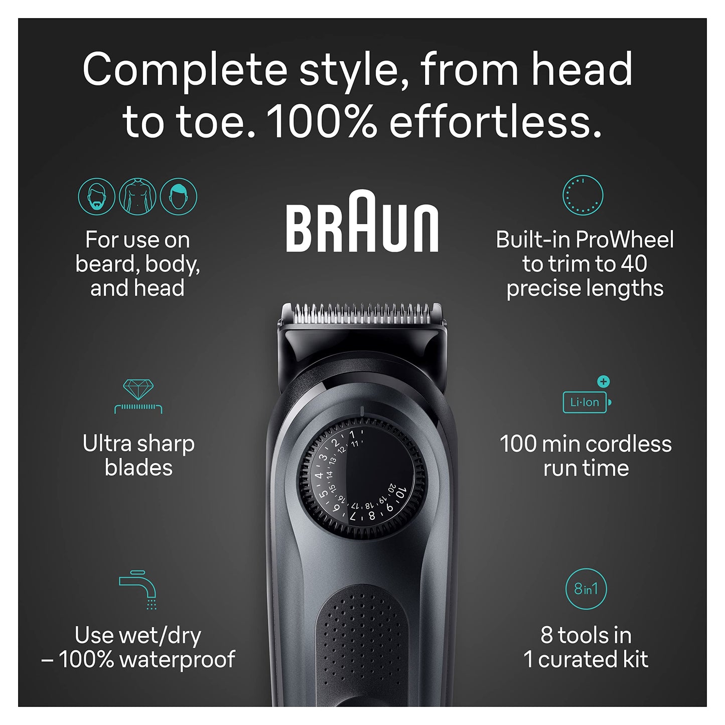 Braun All-in-One Style Kit Series 5 5470, 9-in-1 Trimmer for Men w/Beard Trimmer, Body Trimmer for Manscaping, Gillette Fusion5 ProGlide Razor, 40 Length Settings, Rechargeable Battery, Cordless