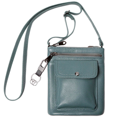 Genuine Leather Adjustable Small Crossbody Phone Purses Key Ring Strap, Travel Zipper Shoulder Handbags, Pockets Credit Card (Blue)
