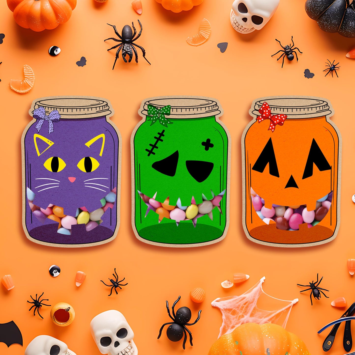 SHIEL-EVEN 50 Pack Halloween Mason Jar Candy Cards for Kids Classroom - School DIY Trick or Treat Bags, Halloween Candy Cards with Clear Bags, Holiday Gifts for Classroom Kids