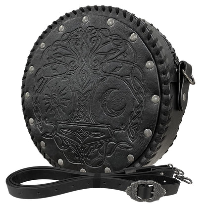 HiiFeuer Viking Embossed Crossbody Bag, Nordic Faux Leather Belt Bag Satchel Bag, Medieval Portable Cosplay Shoulder Bag (Black B)