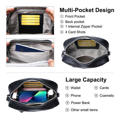 Utenwat Small Crossbody Bags for Women Genuine Leather, Guitar Strap Shoulder Handbag Purse Camera Bag with Rfid Card Slots, Black