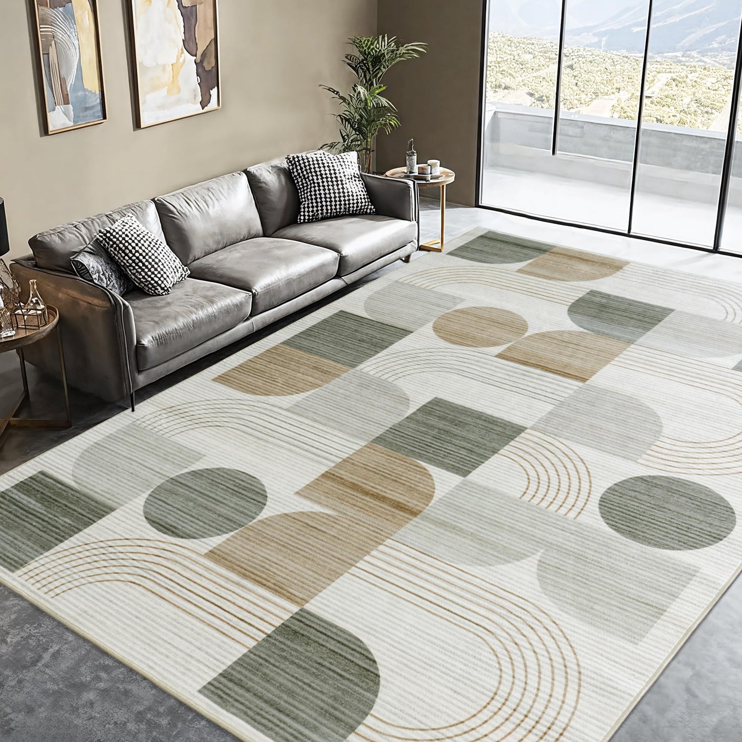 QDUIDU Large Machine Washable 5x7 Area Rug, Soft Modern Geometric Abstract Beige Rugs for Bedroom Living Room, Non-Shedding Faux Wool Indoor Throw Floor Carpet for Office Entryway Dining Room Decor
