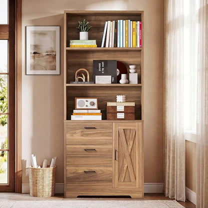 IRONCK Bookshelf with Doors and 3 Drawers 71 in Tall Bookshelf with Storage, Industrial Book Shelf with 3-Tier Shelves for Living Room Entrance Hallway Home Office