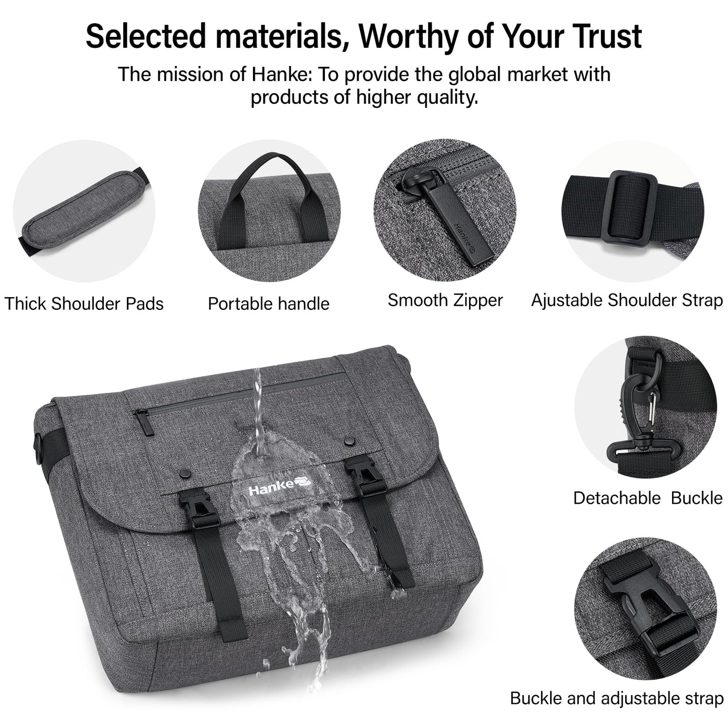 Hanke Durable Messenger Bag for Men with 15.6 Laptop Case, Business Cross Body Bag Briefcase for Women,School or Work Tote Bag Large Messanger Bag.（Dark Grey）