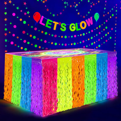 4 Pack Neon Tinsel Foil Fringe Table Skirts 108 x 29.5 Inch Glow in The Dark Party Table Decoration UV Reactive Fluorescent Wavy Tables Skirt for Glow Birthday Wedding Supplies Neon Party Decor