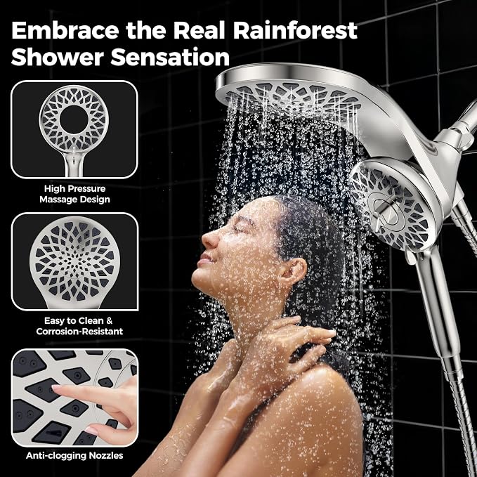 High Pressure Rain Shower Head with Handheld Spray Combo: Detachable Dual Shower Head with 10 Sprays Modes - Upgrade Knob Spray Mode Selector and Magnetic Guidance Docking System