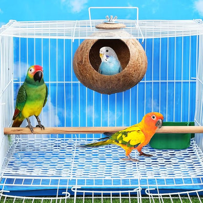 POPETPOP Natural Coconut Fiber Hanging Birdhouse for Cage - Coconut Shell Pet Bird Nest, Hanging Bird Breeding Nest for Parrot Parakeet Lovebird Finch Canary