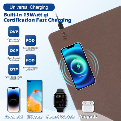 Wireless Charging Desk Mat with Desk Pad for Desktop Charging Large Mouse Pad Waterproof Leather Computer Mat Mouse Pad Non-Slip Protector on Top of Desks for Keyboard and Mouse (brown-l, 32*16inch)