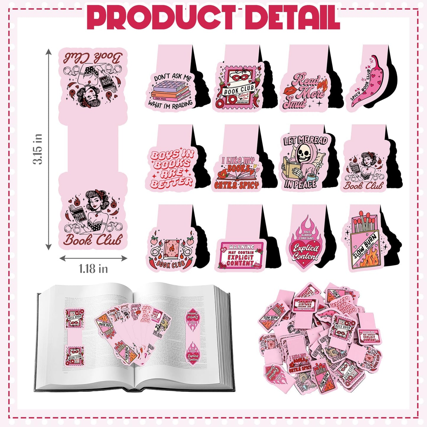 Clabby 48 Pcs Funny Pink Bookmarks Spicy Magnetic Bookmarks Bulk Romance Smutty Annotation Supplies for Teacher Appreciation Graduation Book Lovers Students Reader Gifts Office House Supplies 12 Style