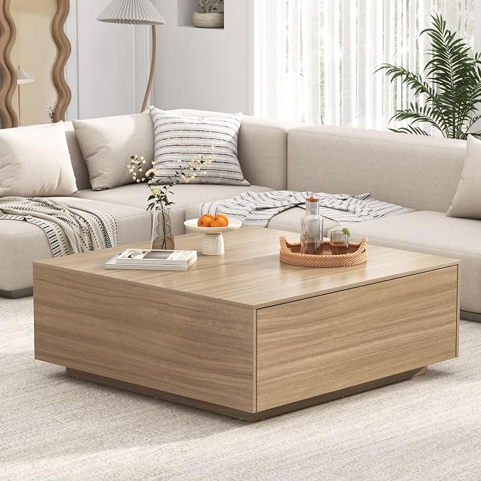 chartustriable 43” Square Coffee Table with Storage, 43" D x 43" W x 17" H Modern Large Square Center Table with 2 Drawers, Wood Coffee Table for Living Room, Light Brown,Bedroom,Light Brown