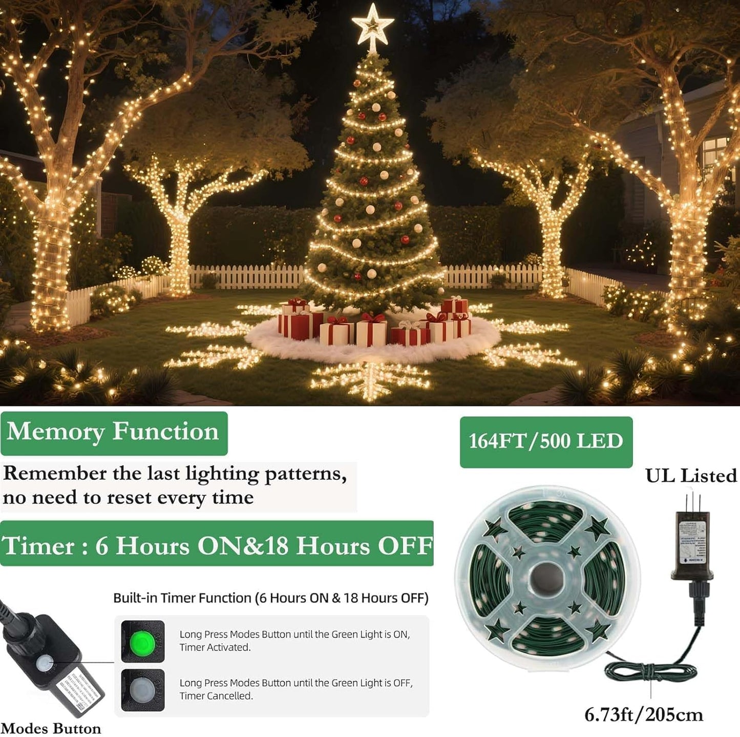Tcamp 164 Feet 500 LED Christmas Lights, 8 Modes Christmas Tree Lights with Timer Memory Function, Green Wire Starry Fairy String Light for Xmas Tree Halloween Outdoor Indoor Decor (Warm White)