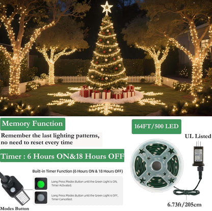 Tcamp 164 Feet 500 LED Christmas Lights, 8 Modes Christmas Tree Lights with Timer Memory Function, Green Wire Starry Fairy String Light for Xmas Tree Halloween Outdoor Indoor Decor (Warm White)