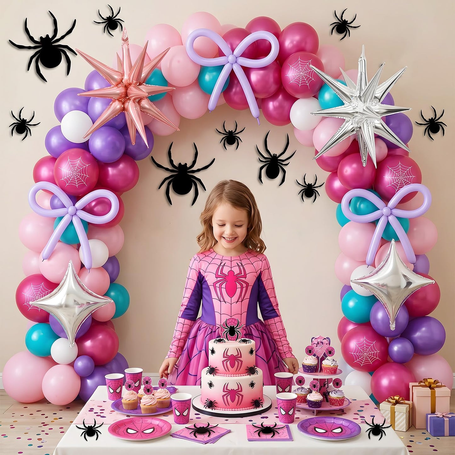 162PCS Spider Theme Balloon Arch Kit Pink Purple Teal Spider Web Balloons with Star Foil Balloons for Web Hero Girl Birthday Decorations