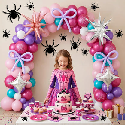 162PCS Spider Theme Balloon Arch Kit Pink Purple Teal Spider Web Balloons with Star Foil Balloons for Web Hero Girl Birthday Decorations