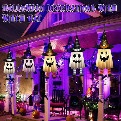 Halloween Decorations Outdoor - 3PCS Halloween Hanging Light up Ghosts, Orange & Purple & White Spooky Glowing Ghost Witch Hat for Garden Yard Tree Haunted Houses Indoor Outside